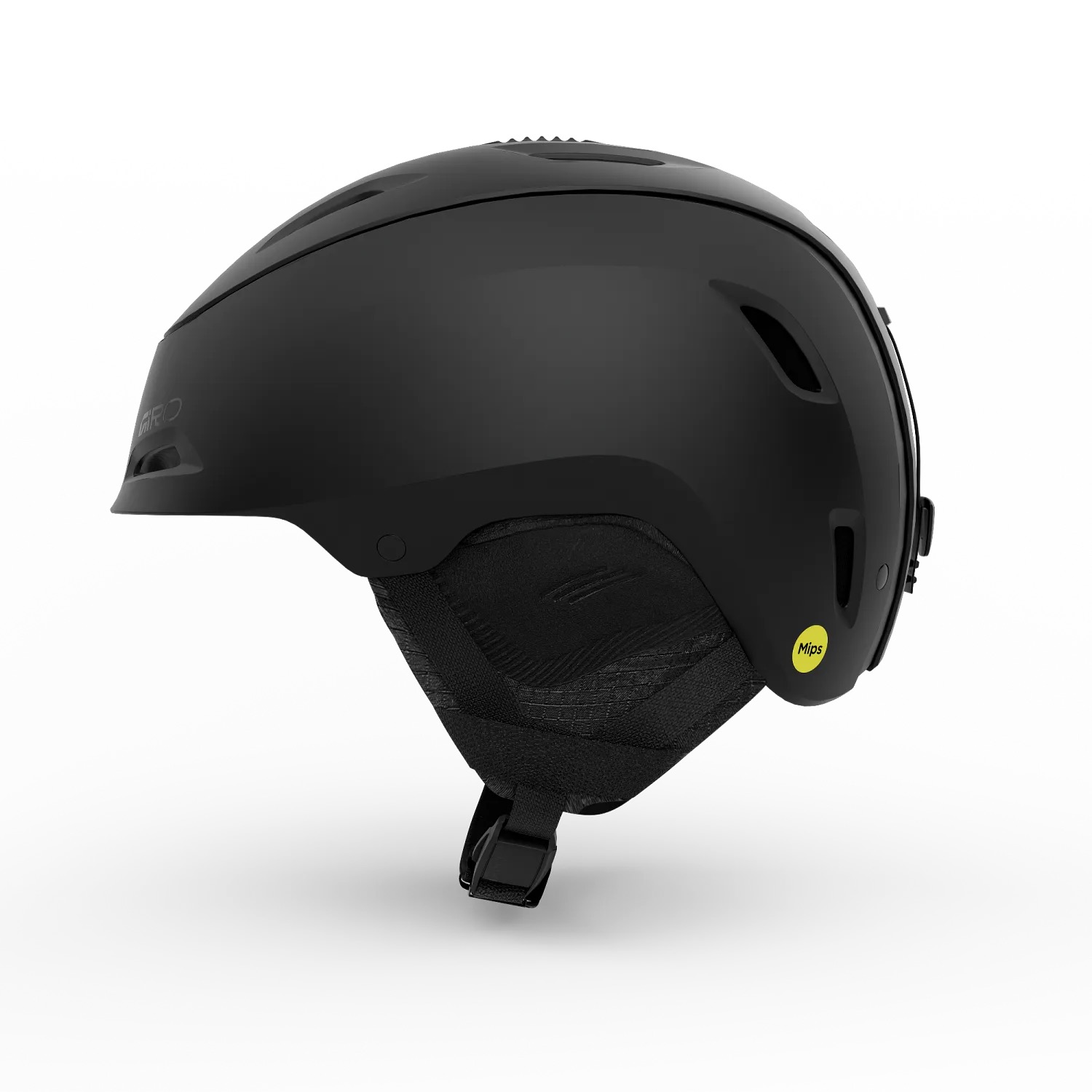 Casque de ski noir avec protège-oreilles et un autocollant Mips jaune sur un fond blanc.