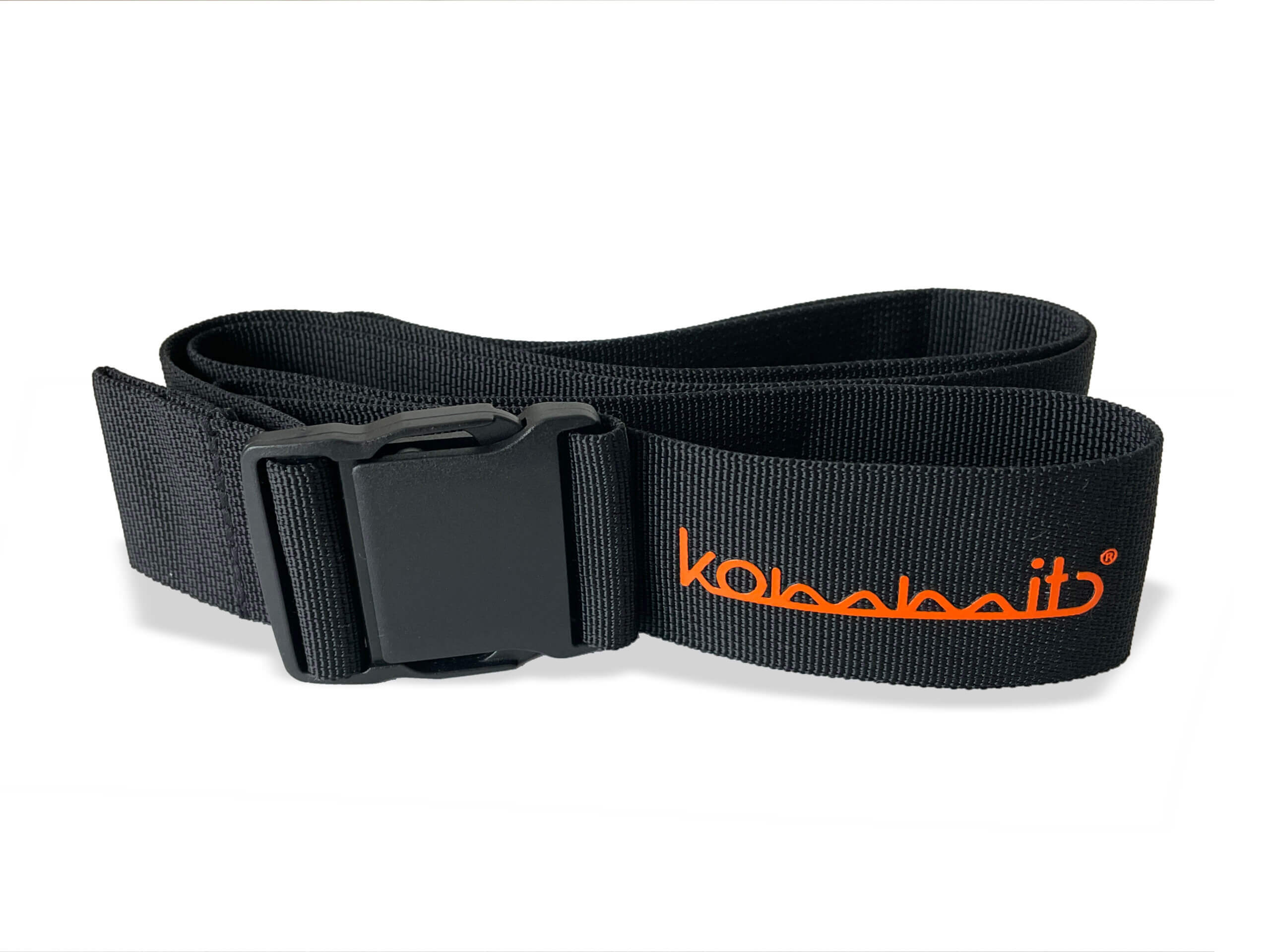 Schwarzer Outdoor-Gürtel aus Nylon mit schwarzer Schnalle und orangem kommit Schriftzug.