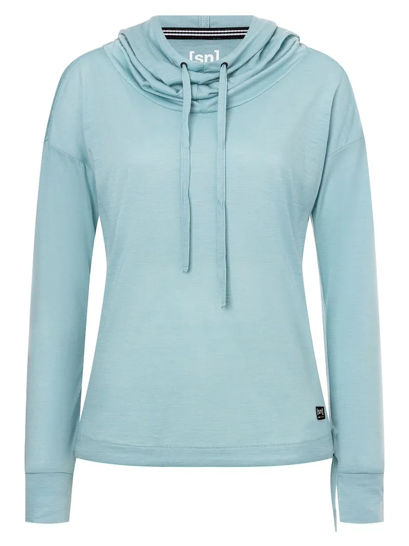 Light blue, long-sleeved funnel hoodie for women. The hood has drawstrings for adjustment.
