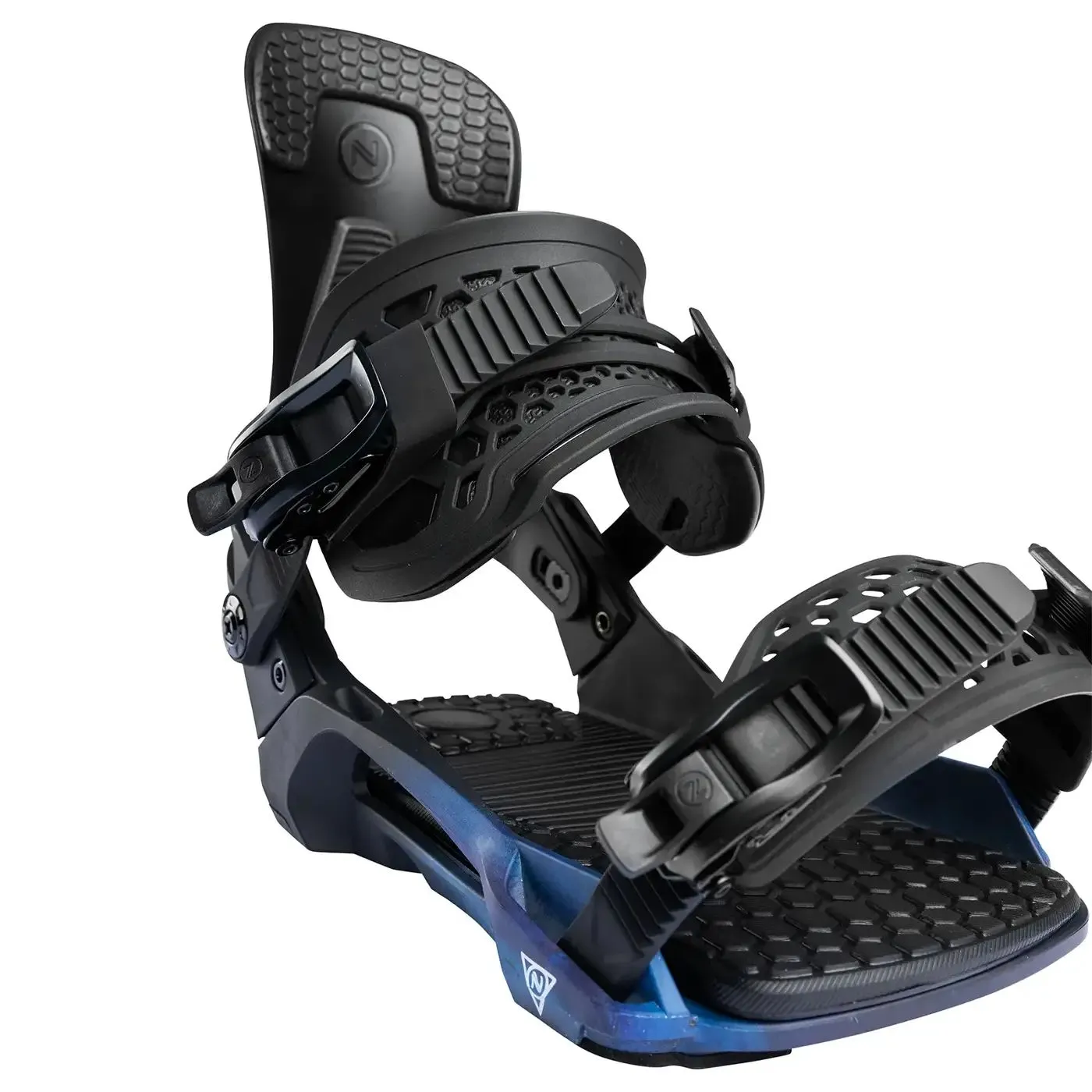 Close-up of a snowboard binding in black and dark blue with straps and buckles.