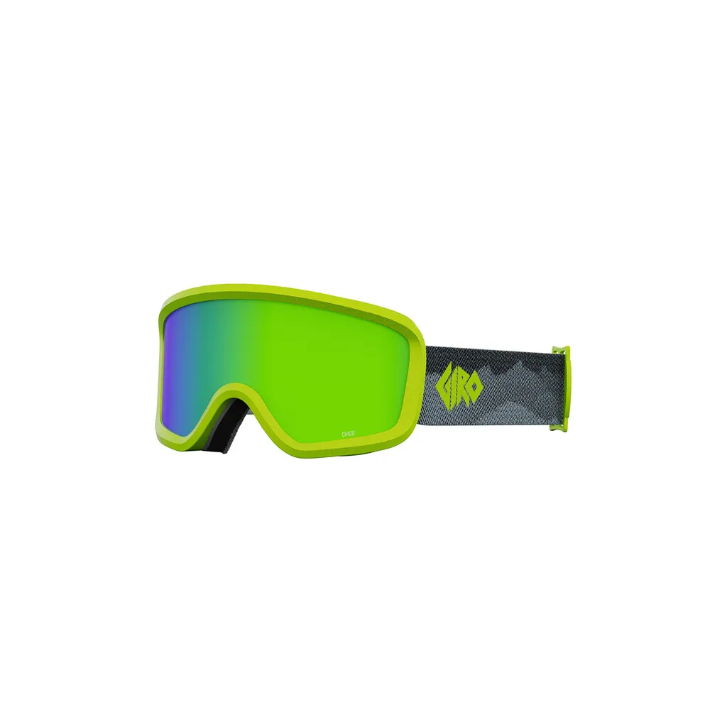 Limegrüne Giro Chico 2.0 Skibrille mit Geo Camo Muster am Band und grün-blau schimmernder Linse.