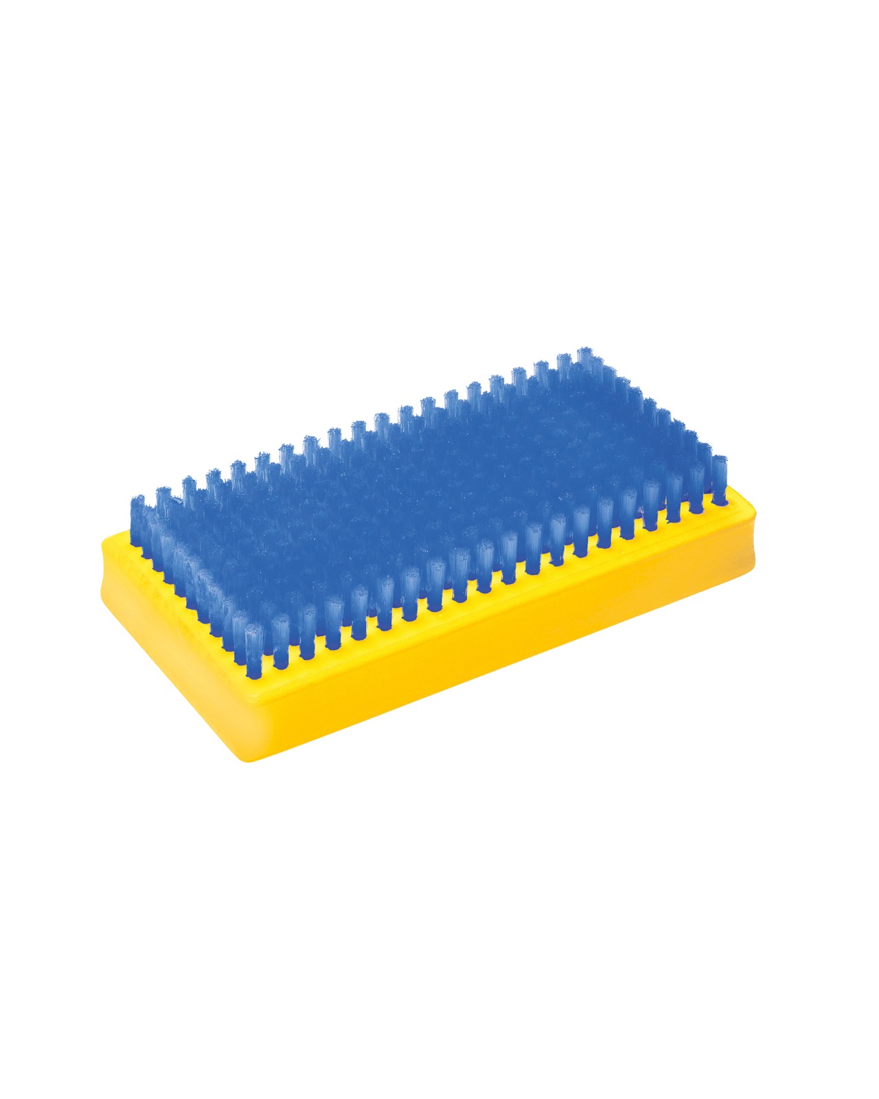 Brosse rectangulaire jaune avec des poils bleus denses sur une surface blanche.