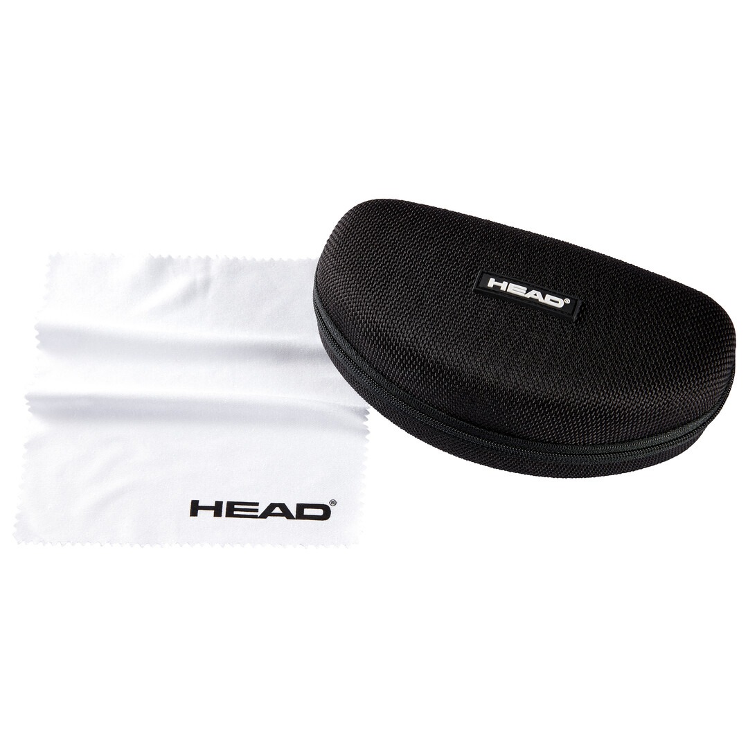 Sonnenbrillen-Etui mit Reißverschluss und Putztuch, beide mit dem Logo der Marke Head versehen.