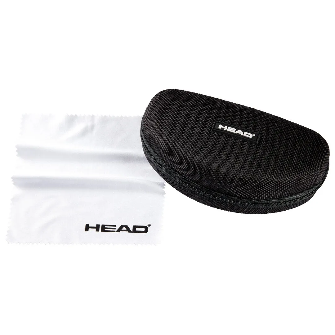 Etui pour lunettes de soleil avec fermeture éclair et chiffon de nettoyage, tous deux marqués du logo de la marque Head.