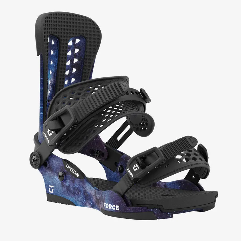 Close-up of a Union Force Cosmos snowboard binding with galaxy pattern and black accents.