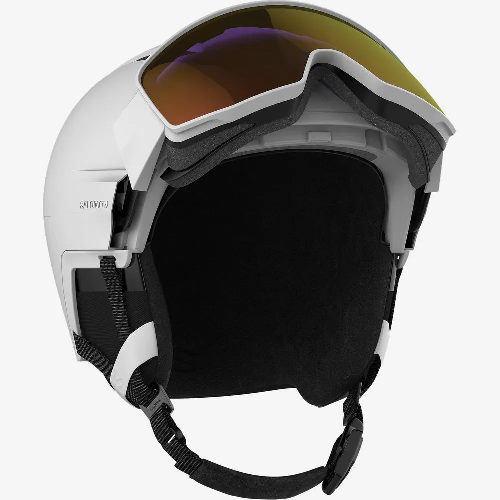 Casco da sci Driver Prime Sigma Photo Mips bianco con visiera arancione in vista frontale.