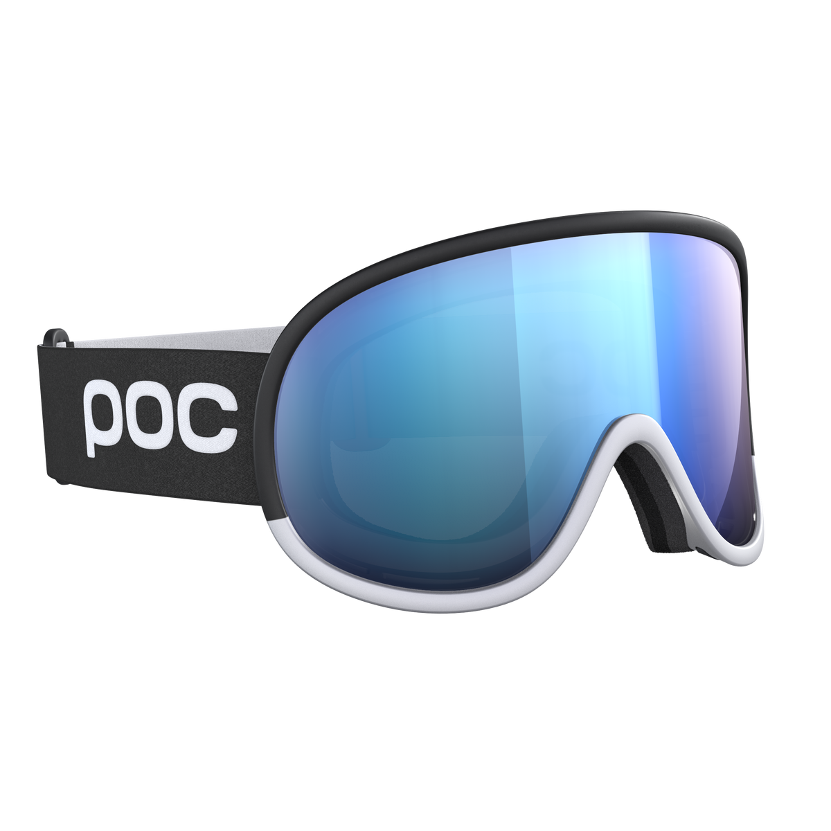 Occhiali da sci POC Retina Race WF con lente Clarity blu specchiata, montatura nera e cinturino bianco con logo POC.