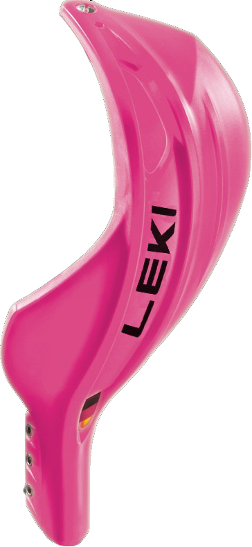 Pinker Leki Schlagschutz Bügel mit schwarzem Logo, seitlich am unteren Ende sind drei kleine Löcher zu sehen.