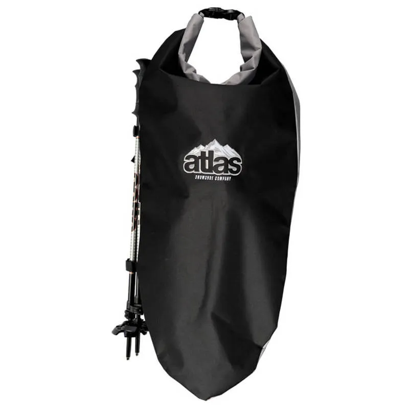 Borsa Atlas nera per racchette da neve con fodera grigia e bastoncini da trekking sul lato. Il logo Atlas è stampato.