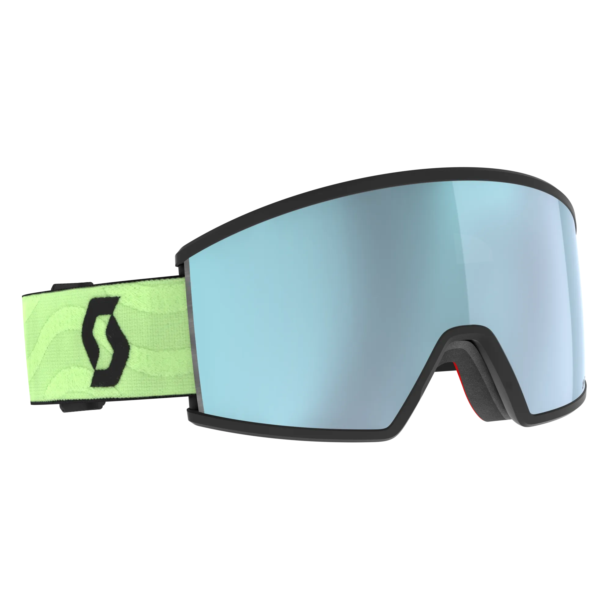 Ski goggle Ambit, front view. Black frame, light blue lens, light green strap with logo.