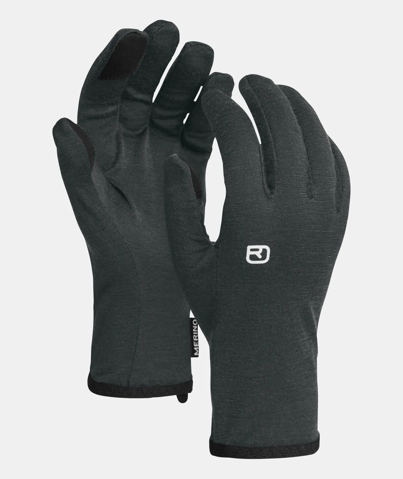 Two gray gloves with black reinforcement on the fingertips and wrists, with the logo on one glove.