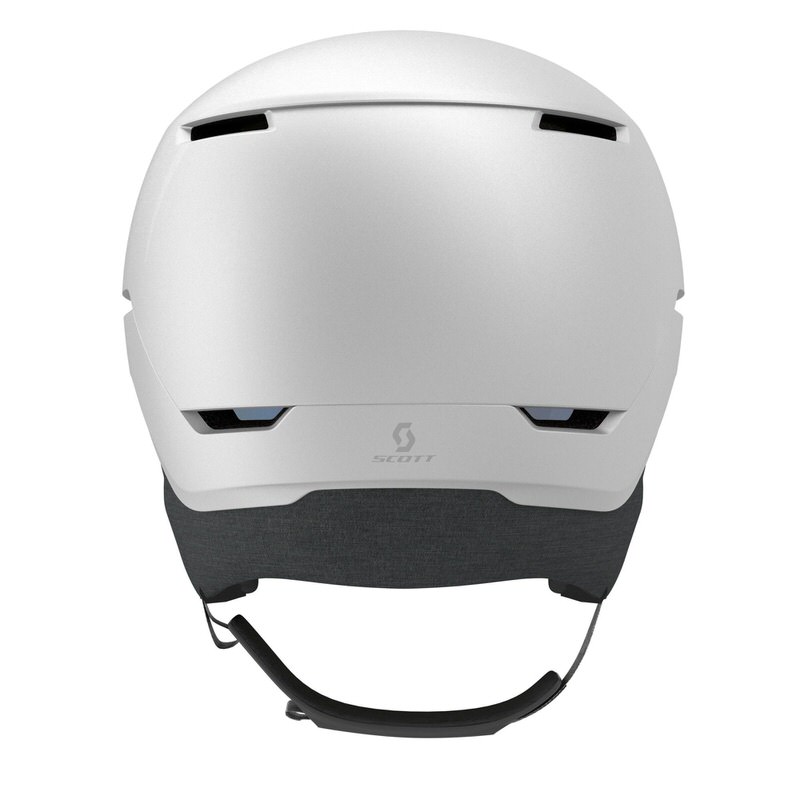 Vue arrière d'un casque de ski blanc Vue arrière d'un casque de ski blanc Scott Blend Plus LS avec fentes d'aération et logo.