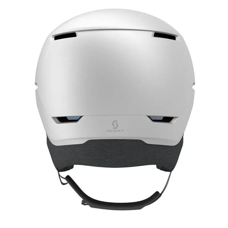 Rear view of a white Scott Blend Plus LS ski helmet with ventilation slits and logo.