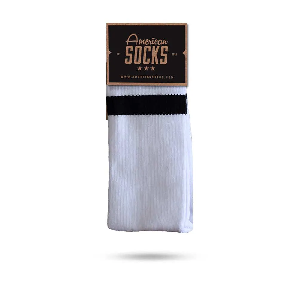 White ribbed socks with a black stripe, presented in a gift box from American Socks.