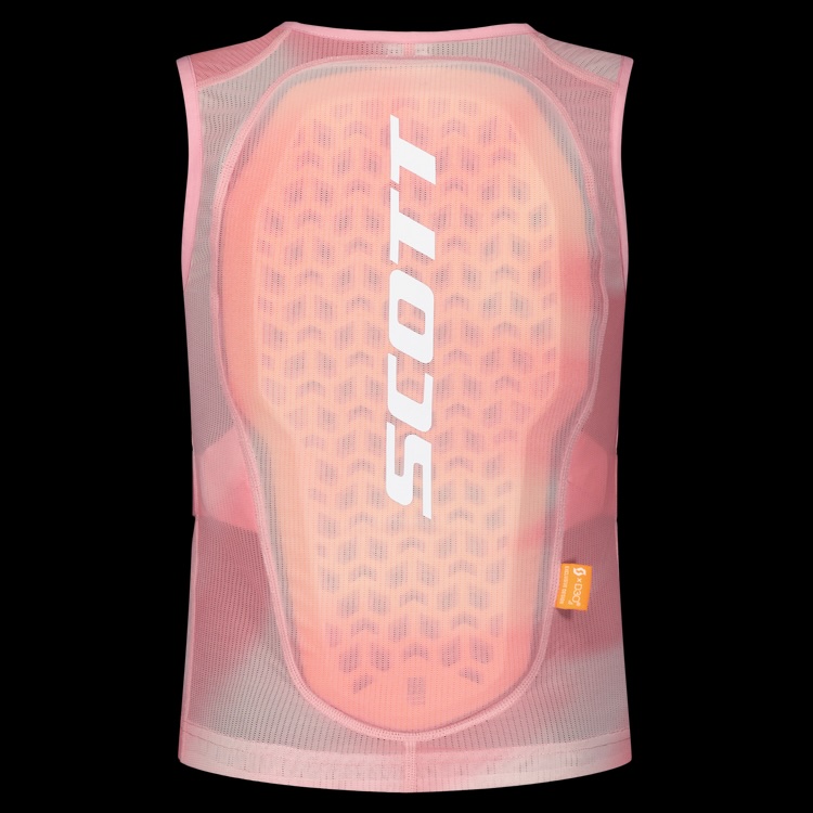 Gilet protettivo rosa con logo Gilet protettivo rosa, senza maniche, con logo Scott bianco sulla schiena e piastra posteriore a nido d'ape.