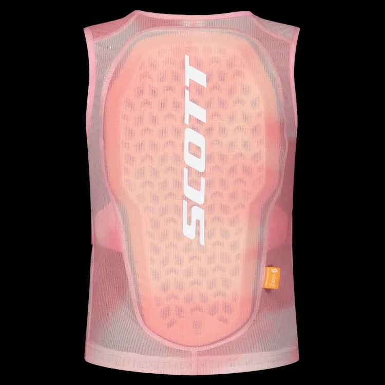 Pink, sleeveless protective vest with white SCOTT logo on the back and a honeycomb back panel.