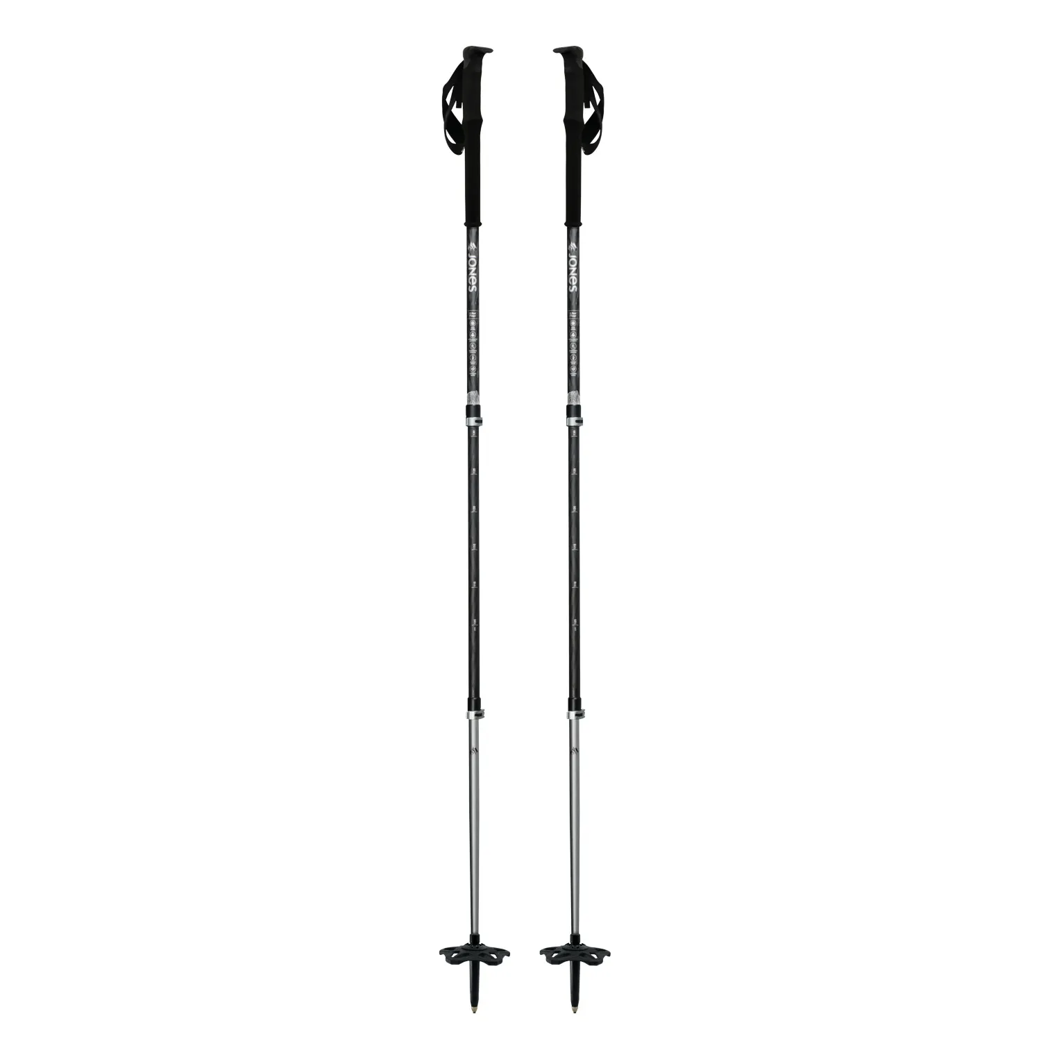 Zwei schwarze Jones Talon Pro Flip-Lock Skistöcke, teleskopisch mit Griff, Schlaufe und Teller, freigestellt.