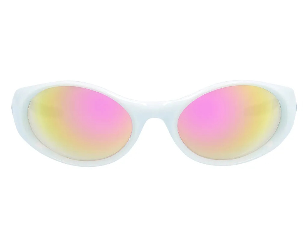 Occhiali da sole "The Slammer The Miami Nights" bianchi con lenti specchiate rosa e gialle.