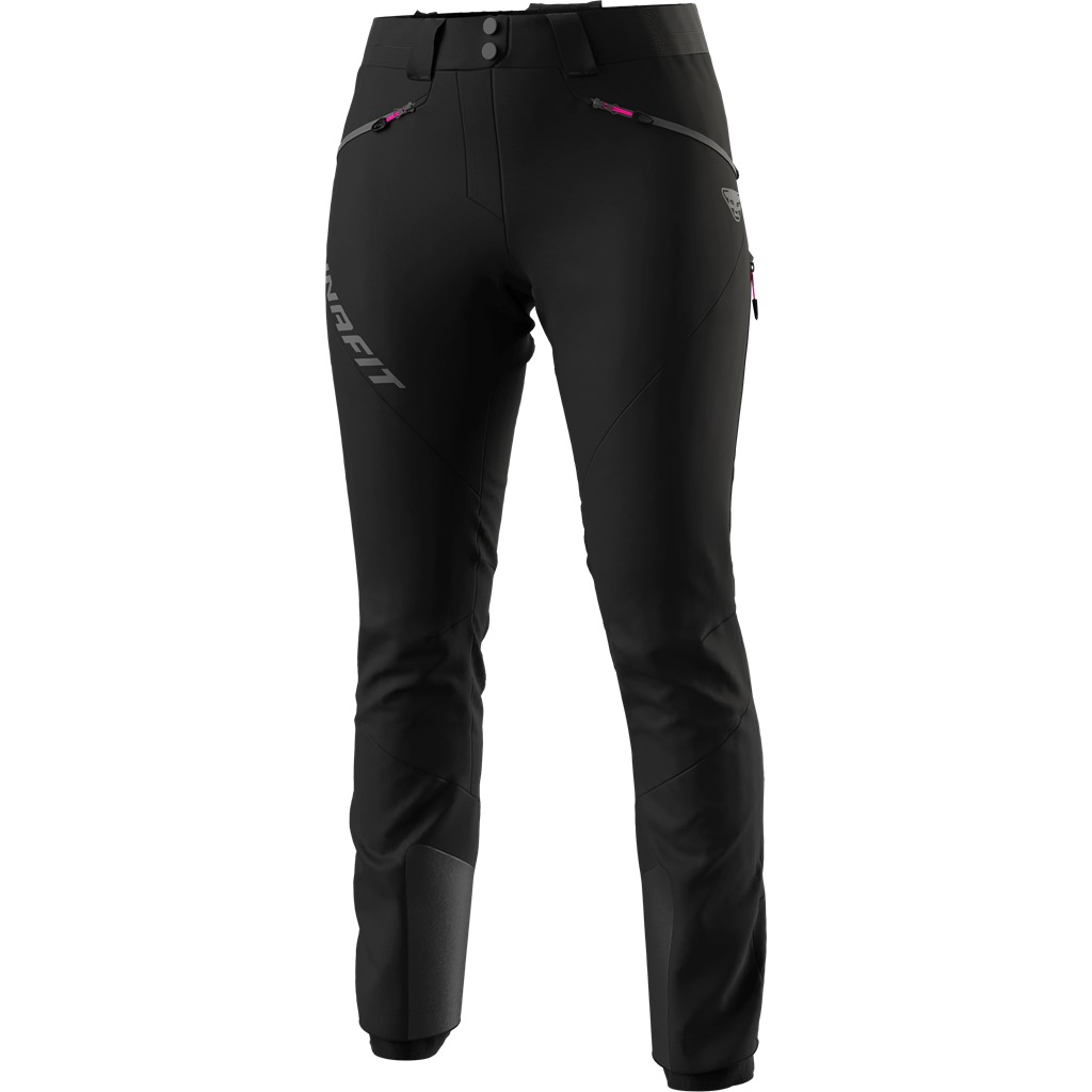 Schwarze Dynafit TLT Touring DST Damen Hose, Frontansicht, mit sichtbarem Logo.