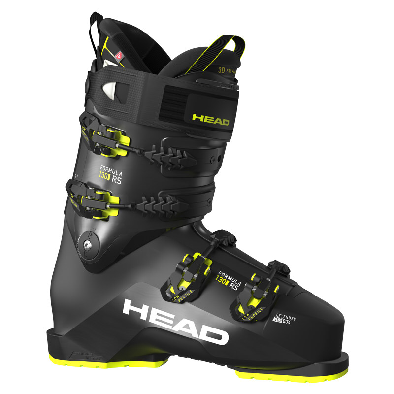 Schwarzer Head Formula RS 130 Skischuh mit gelben Akzenten und vier Schnallen.
