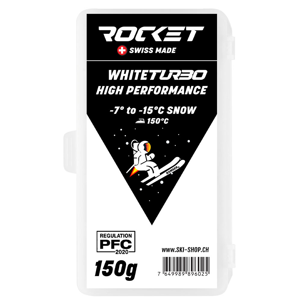 Verpackung von Rocket High Performance HF White Skiwachs 150g. Schneesportmotiv mit Astronaut.