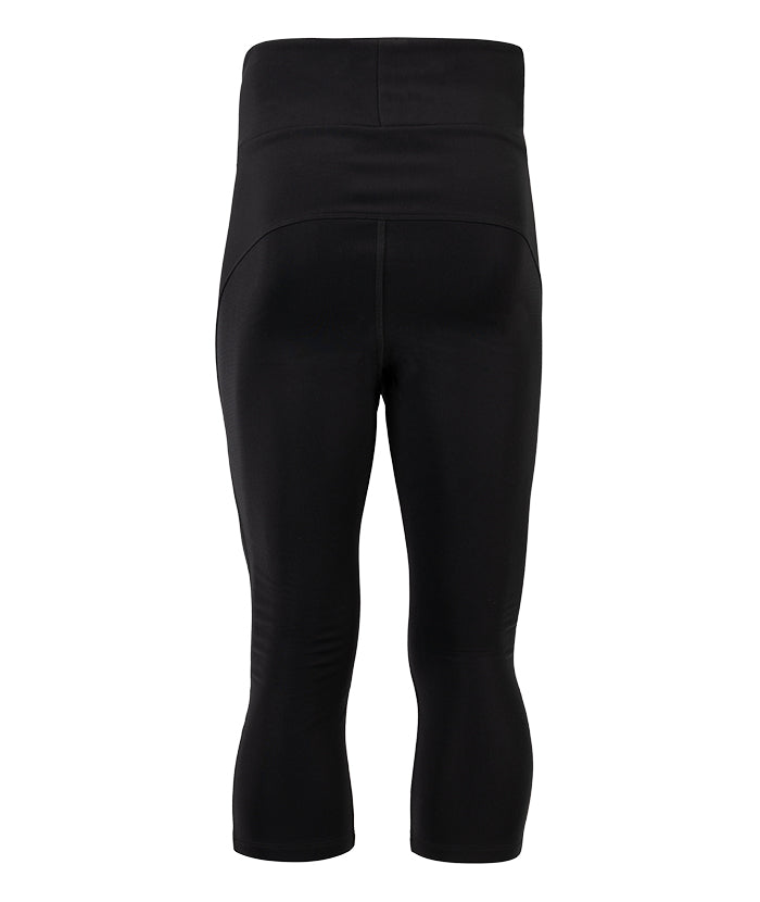 Schwarze Lenz Heat Pants 2.0, von hinten, mit hochgezogenem Bund und Dreiviertel-Länge.