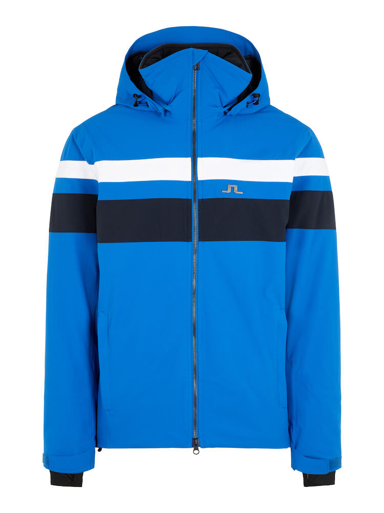 Blaue J.Lindeberg Franklin 2L Skijacke mit Kapuze, durchgehendem Reißverschluss und weißen und schwarzen Streifen.