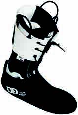 Skischuh-Innenschuh mit schwarzem Neopren Footcover, das den unteren Teil bedeckt.
