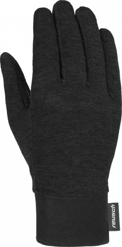 Ein einzelner, schwarzer Reusch Silk Liner Innenhandschuh. Die Handfläche zeigt nach vorne. Am Handgelenk ist ein kleines Reusch-Logo sichtbar.