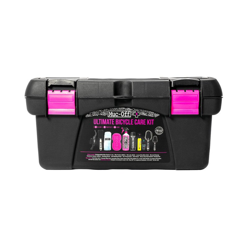 Schwarzer Werkzeugkoffer mit pinken Verschlüssen, beschriftet mit "Muc-Off Ultimate Bicycle Care Kit".
