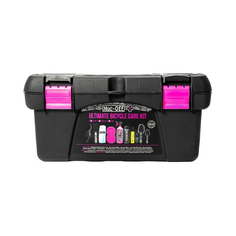Schwarzer Werkzeugkoffer mit pinken Verschlüssen, beschriftet mit "Muc-Off Ultimate Bicycle Care Kit".