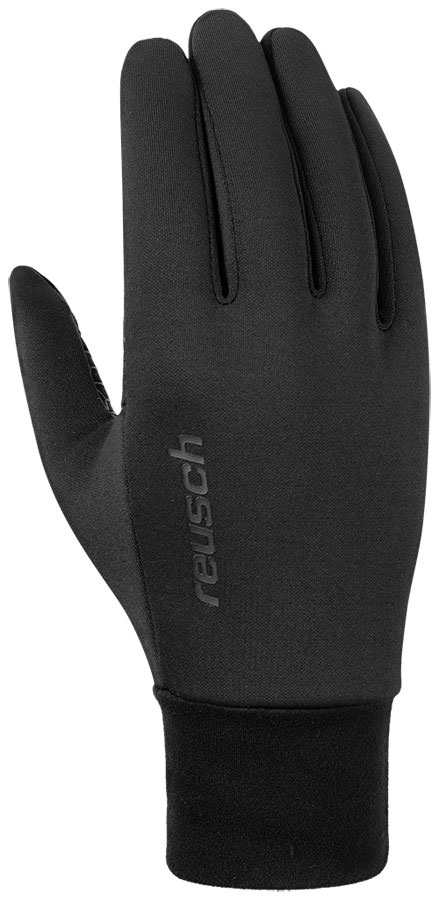 Schwarzer Reusch Ashton Touch Tec Unterziehhandschuh, Handfläche sichtbar, Markenlogo auf Handrücken.