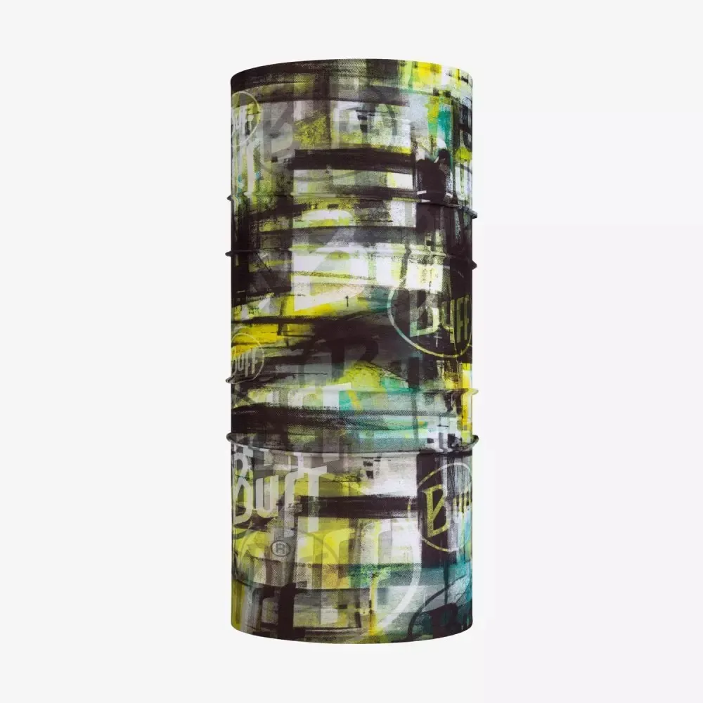 Multifunctional scarf Buff Original Junior with abstract yellow, black and white color pattern in graffiti style.