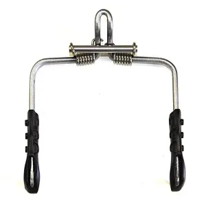 Sturdy silver metal tool with two curved handles and black, ergonomic rubber grips at the bottom. At the top, a complex spring mechanism connects the arms, featuring a sturdy U-hook for lifting/hanging heavy loads.
