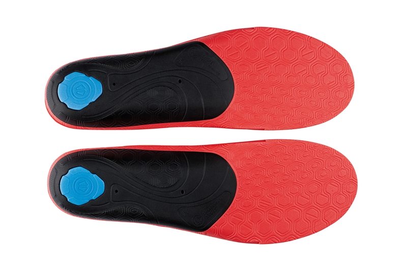 Sidas Eco Winter insoles Two Sidas 3Feet Eco Winter Low insoles from the bottom, red with black footbed and blue detail.