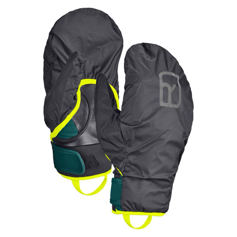 Ein Paar Ortovox Tour Pro Cover Handschuhe in Dunkelblau, mit gelben Akzenten. Die Handschuhe haben eine wasserabweisende Abdeckung.
