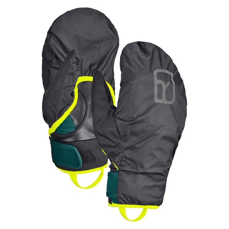 Ein Paar Ortovox Tour Pro Cover Handschuhe in Dunkelblau, mit gelben Akzenten. Die Handschuhe haben eine wasserabweisende Abdeckung.