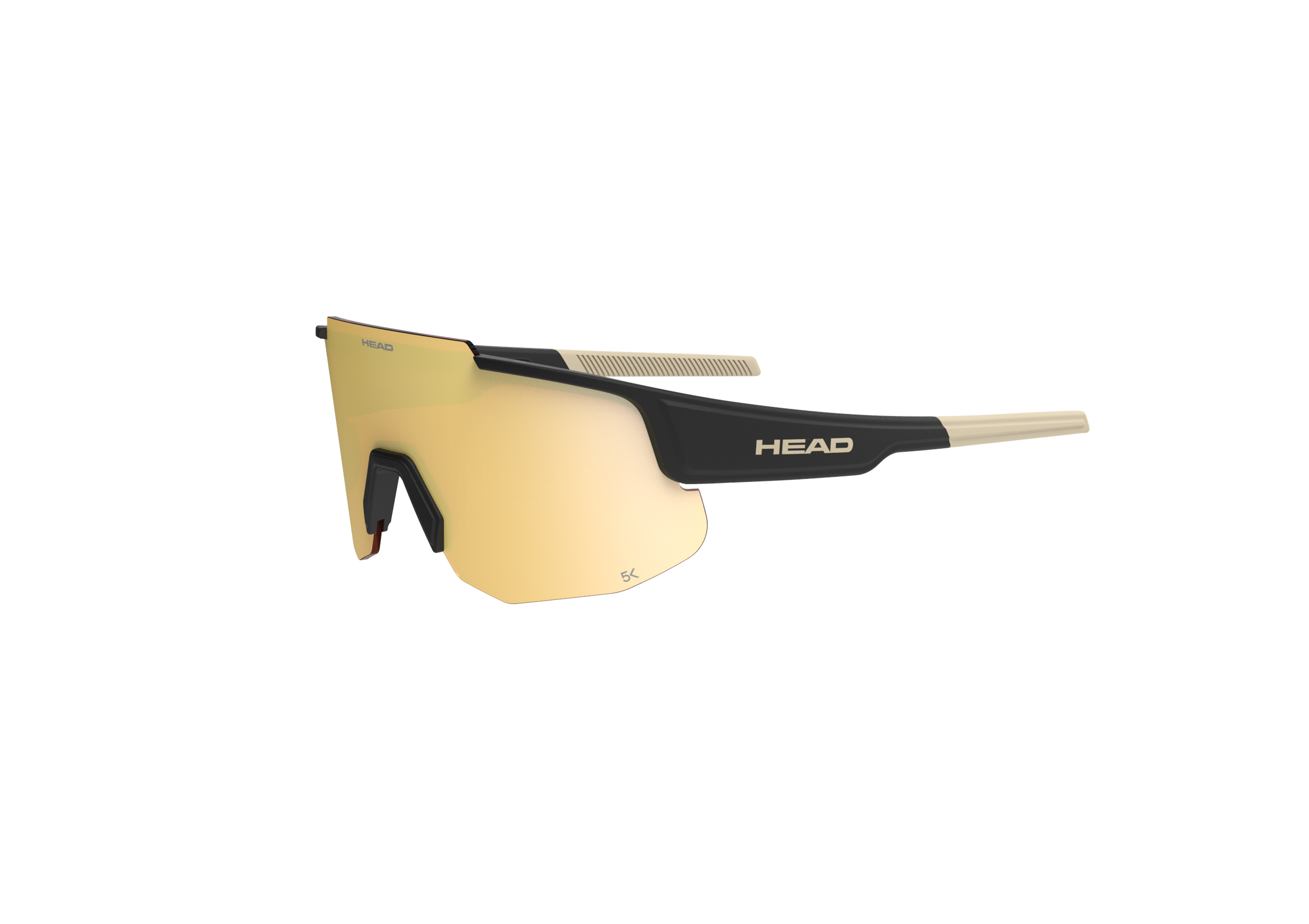 Head SUNSHIELD 5K Gold Sonnenbrille mit goldenen Gläsern und schwarz-beigem Rahmen, Seitenansicht.