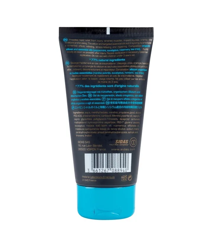Tubo Sidas Recovery Cryo Gel con ingredienti e istruzioni per l'uso. Coperchio blu.