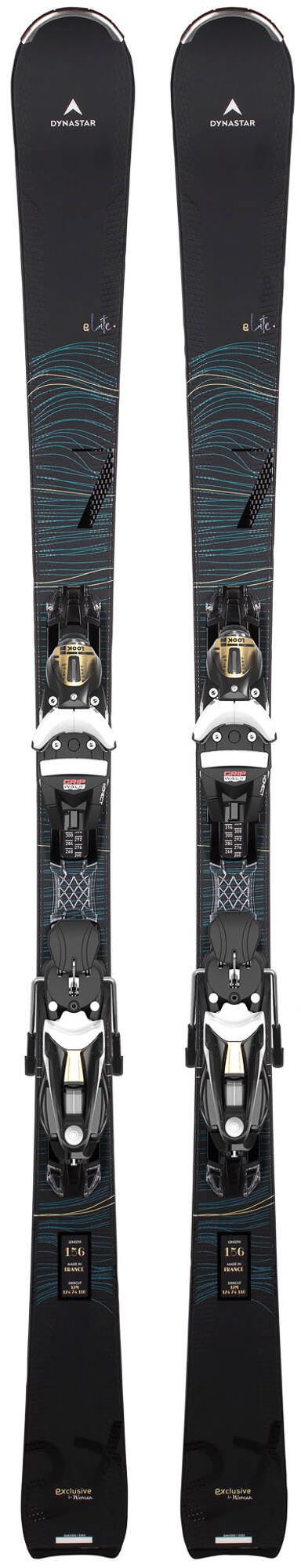 Schwarzer Dynastar E Lite 7 Ski mit montierter Konect Bindung, Frontansicht.