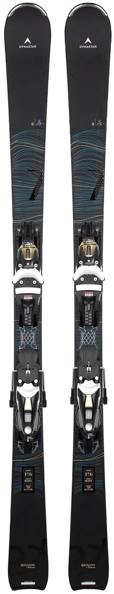 Schwarzer Dynastar E Lite 7 Ski mit montierter Konect Bindung, Frontansicht.