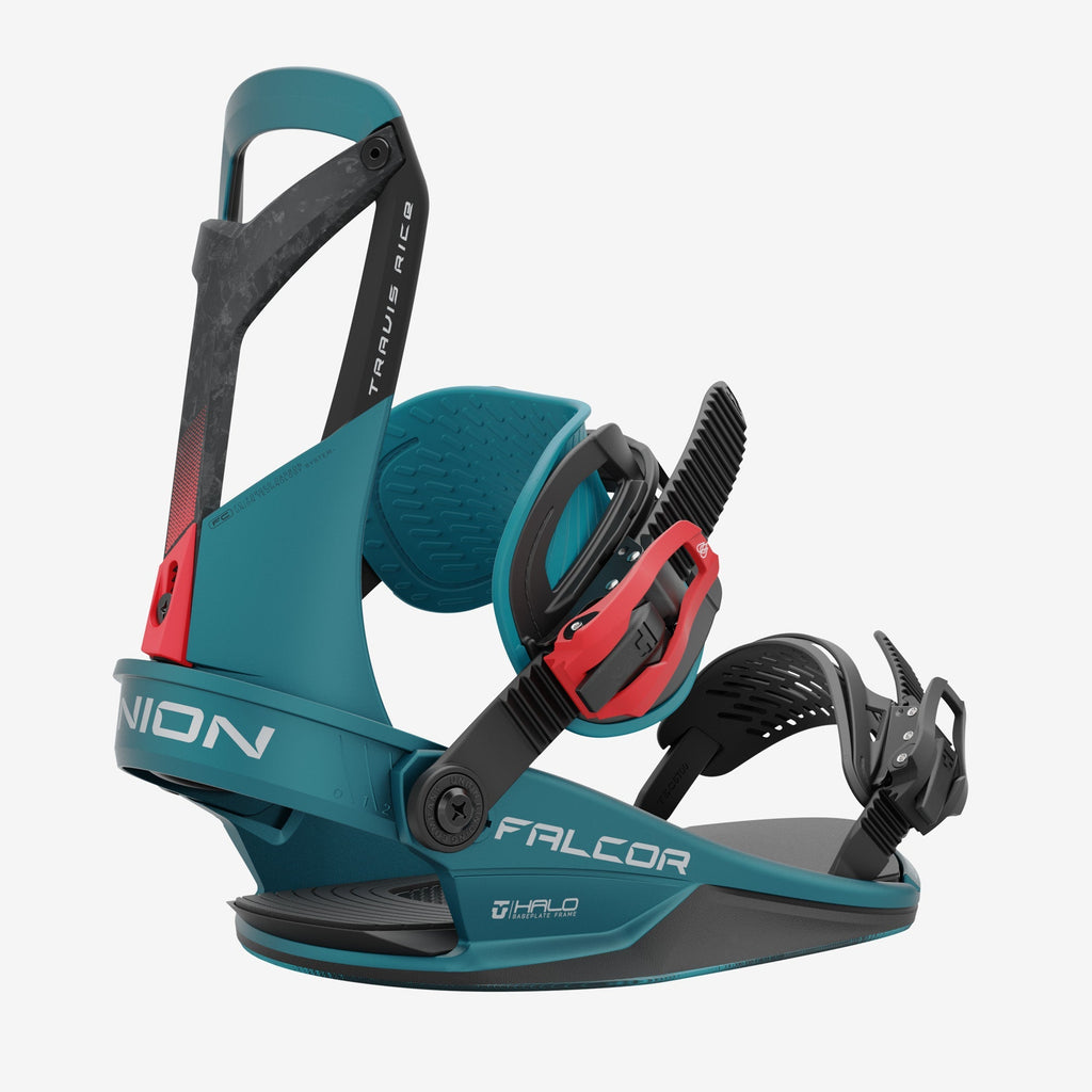 Turquoise and black Union Falcor snowboard binding with red accents against a white background.