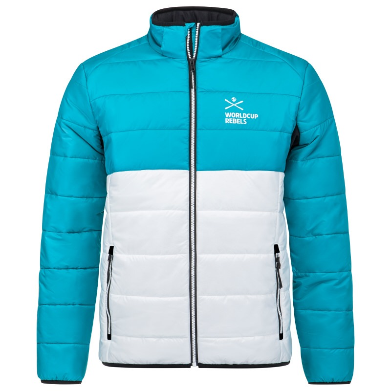 Die Head Race Kinetic Jacket Men ist eine zweifarbige Steppjacke in Türkis und Weiß mit Reißverschluss.