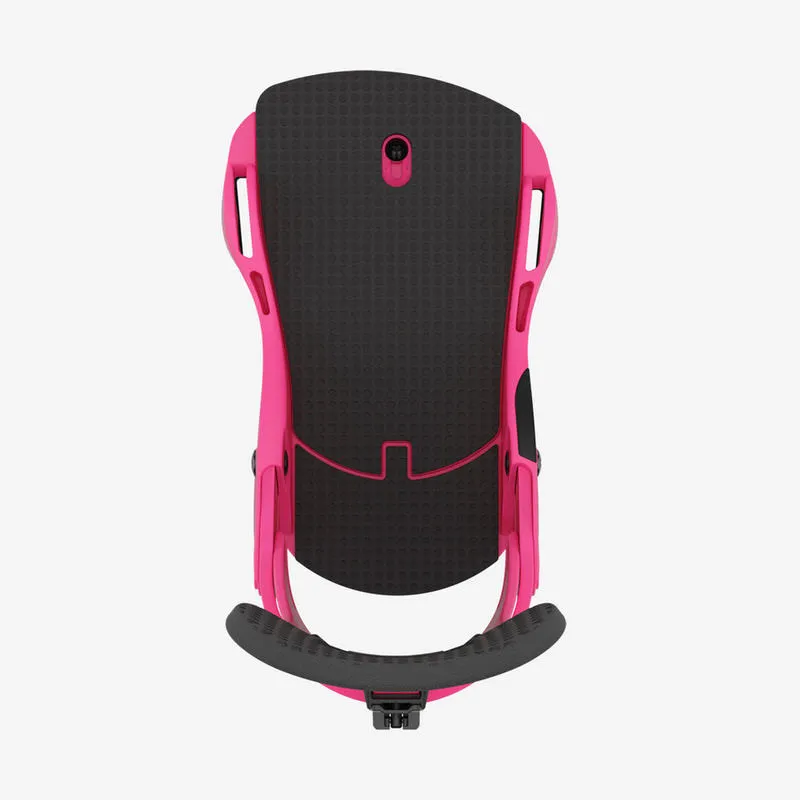 Close-up of a Union Force snowboard binding in hot pink, from the front.