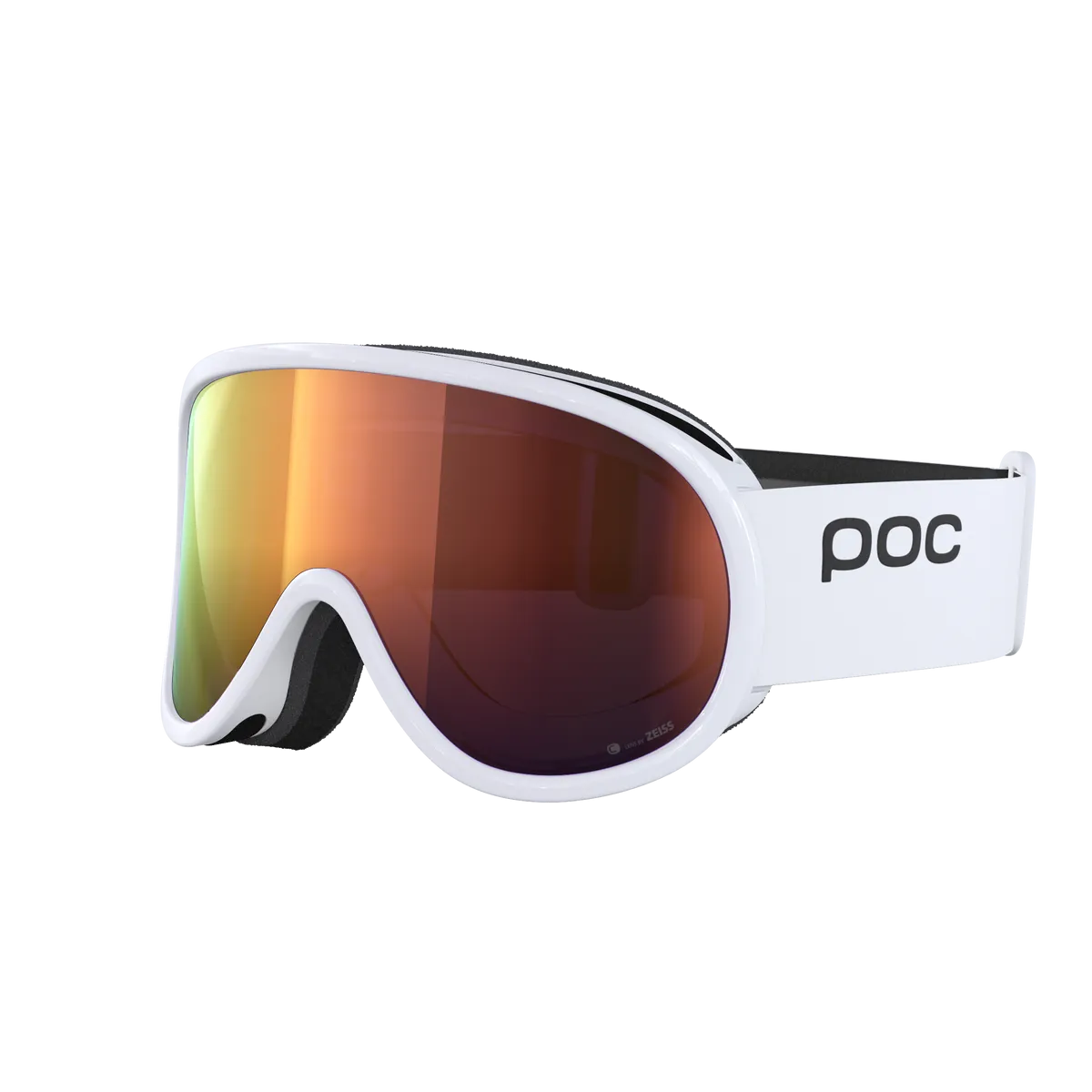 Weiße POC Retina MID Skibrille mit orangefarbener Clarity-Linse und schwarzem Band.