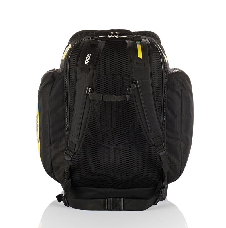 Schwarze Sidas Race Boot Tasche Schwarze Sidas Race Boot Bag 60L von hinten, mit Trägern, Netzstruktur und gelben Akzenten.