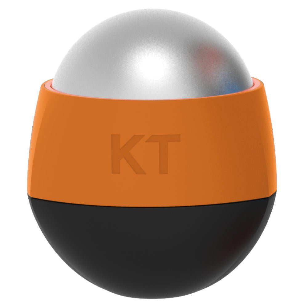KT Recovery Cold Massage Roller: Dreifarbiges Design, oben silberne Kugel, mittig orange mit KT-Logo, unten schwarz.