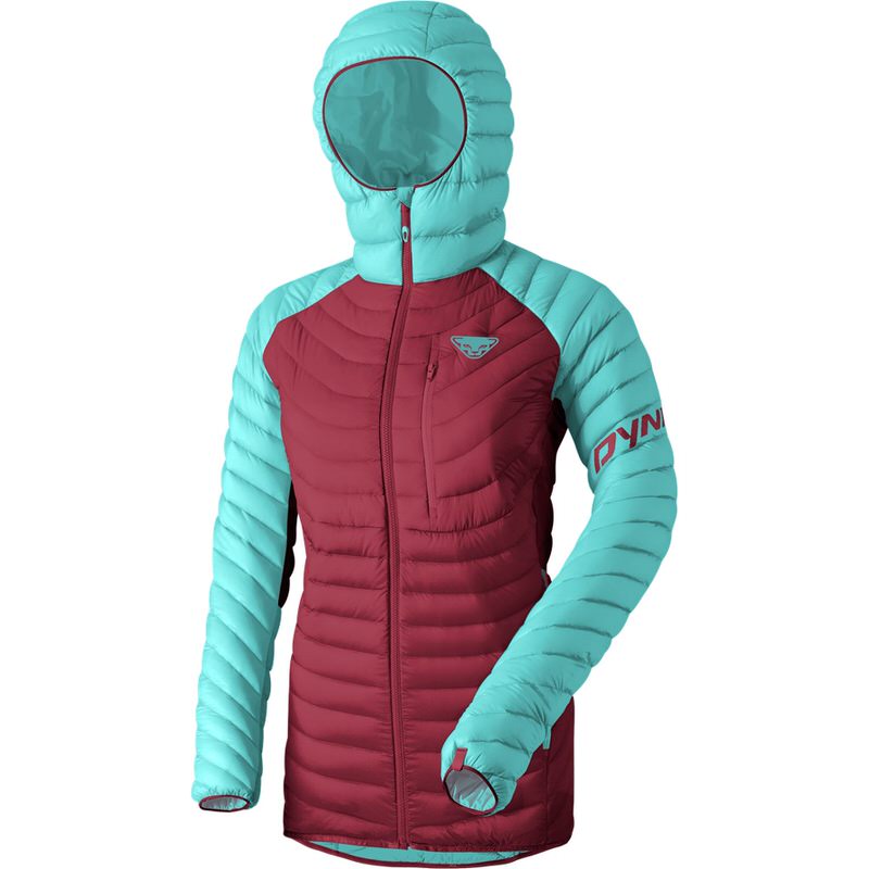 Marineblaue Dynafit Radical Daunenjacke für Damen mit Kapuze, gesteppt und mit türkisenen Ärmeln.