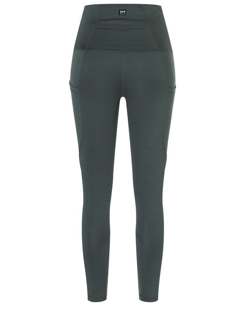Dunkelgrüne, eng anliegende Sport-Tights mit hohem Bund und Seitentaschen.