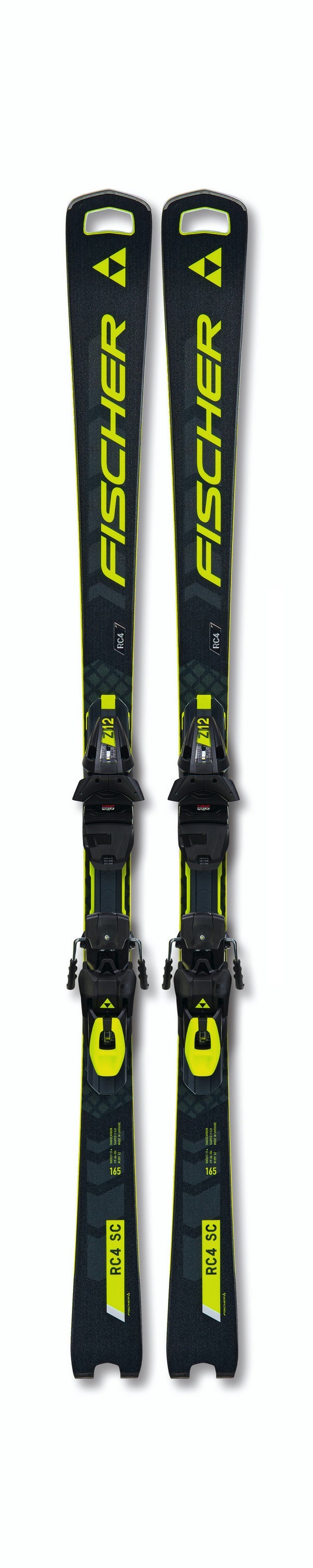 Schwarze Fischer RC4 Worldcup SC Ski mit gelber Schrift und Z12 Bindung von oben.